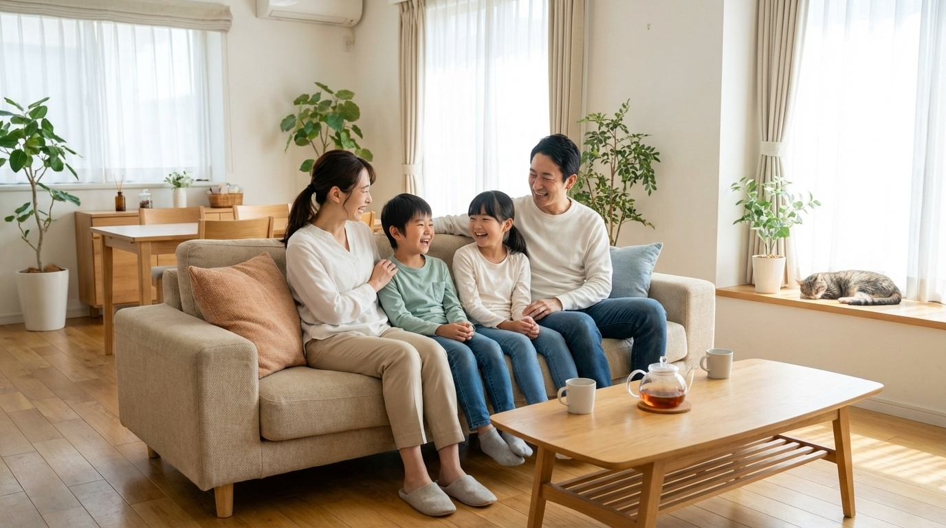 明るいリビングで笑顔の家族